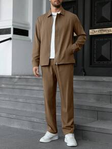 Manfinity CasualCool 男士纯色拉链夹克和斜插口袋长裤套装 - 卡其色 - 查看 5