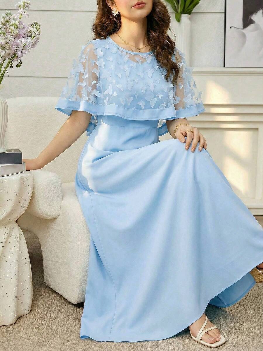 SHEIN 少女蝴蝶贴花装饰网纱披肩设计优雅连衣裙 - 彩色 - 查看 1