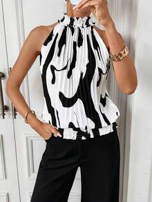 Editum 女士印花露背褶皱设计时尚上衣 - 黑與白 - 查看 9