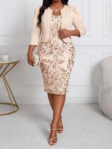 SHEIN Lady 大码纯色外套，印花连衣裙，两件套 - 金色 - 查看 1