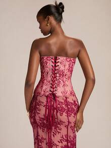 SHEIN BAE Áo hai dây nữ phối ren, hở lưng, buộc dây, thời trang, đa năng, phù hợp cho hẹn hò và tiệc tùng. - Đỏ - Xem 2