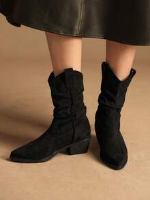 Rosivie Women's Pointed Toe Pleated Casual Fashion Chunky Heel Ankle Boots - Black - View 3