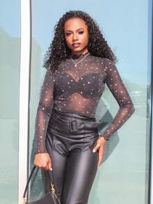 Steph T Lettuce Trim Star Mesh Top, Blingbling Bottoming Tee - Black - View 5