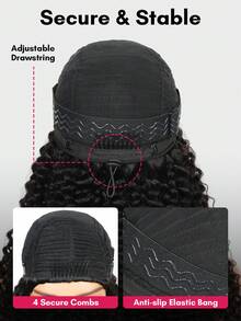 QUICK WEAR 三合一半假发，杰瑞卷发波浪造型，弹性贴合，佩戴方便，带抽绳，自然发际线，新手友好，无缝翻转式假发，自然色，高品质，16-26英寸长发，无需胶水，无蕾丝，半假发 - Natural Black - 查看 11