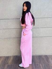 Hitanina 女式春季时尚粉色拉链连帽运动衫和裤子两件套 - 粉色 - 查看 5