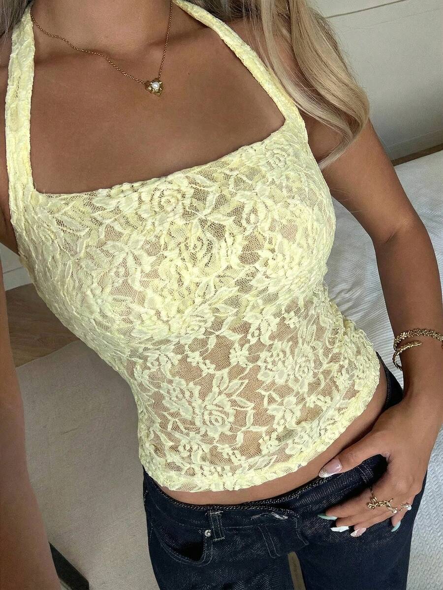 SHEIN CovetEZ New Arrival Sexy Lace Semi-Sheer Yellow Blouse For Women, Summer - Light Yellow - View 1