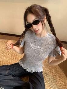 DAZY Women's Retro American Jersey Style Round Neck Ruched Slim Fit Graphic Print Short Sleeve T-Shirt - Grey - View 7