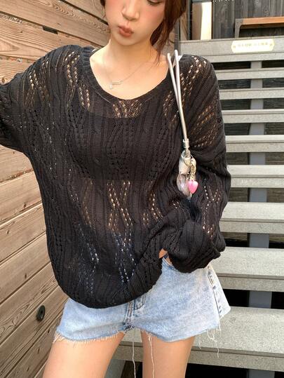 DAZY 女士纯色圆领长袖韩版针织上衣