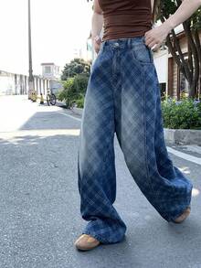 DAZY 女士菱形图案腰带环休闲直筒宽松百搭牛仔裤 - 藍色 - 查看 3