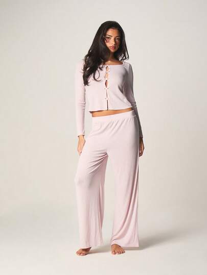 MISSGUIDED 罗纹针织长袖纽扣前开襟露脐上衣和阔腿裤睡衣套装