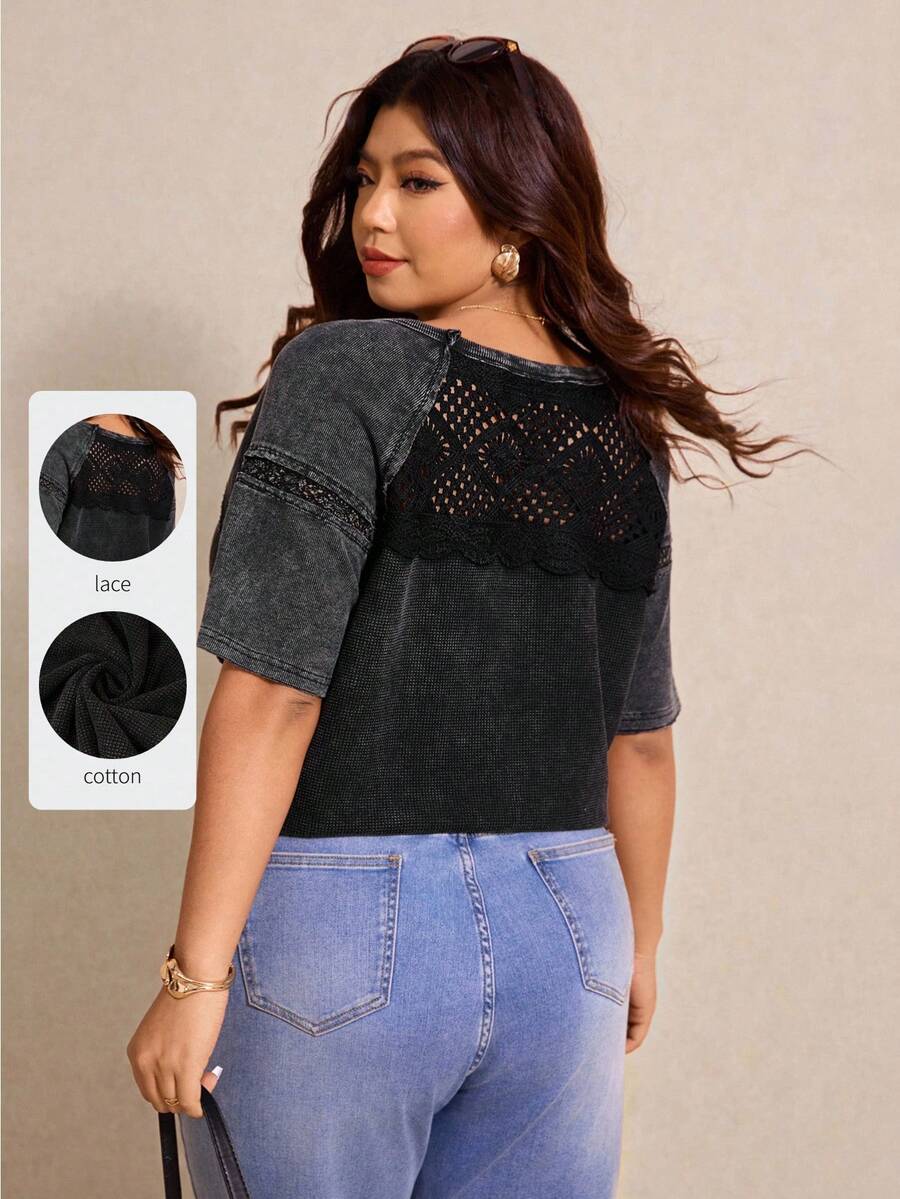 Elaquor 大码女式圆领插肩短袖露背休闲度假T恤 春季女式T恤 - 黑色 - 查看 1