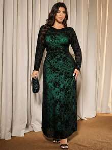 Elaquor Plus Size Women Floral Flocked Mesh Long Sleeve Ruffle Elegant Dress - Dark Green - View 4
