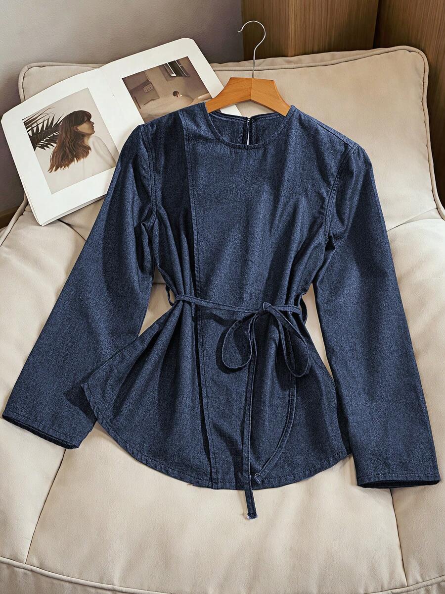GlowEve Women's Round Neck Long Sleeve Casual Knotted Waist Denim Blouse - Blue - View 1