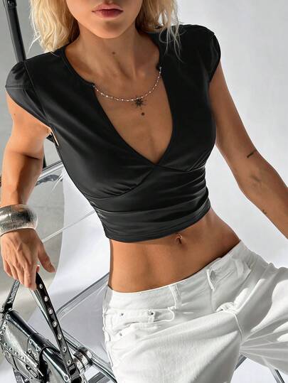 TRNVIE Women's Sexy V-Neck Fitted Short Sleeve T-Shirt, Black Knit Faux PU, Suitable For Spring, Summer, Autumn