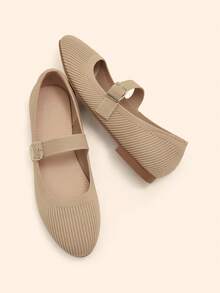 CUCCOO BASICS Women's Round Toe Flat Apricot Knit One-Strap Buckle Comfortable Breathable Casual Commute Versatile Mary Jane Flat Shoes - Apricot - View 5