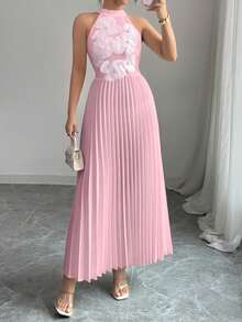 Elenzga Women's Elegant Romantic Pleated Holiday Dress - Baby Pink - View 3