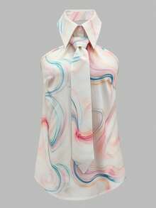 SHEIN Elenzya Women's Tie Collar Backless Blouse, Minimalist Business Elegant Commuter Casual Shirt For Outings, Gatherings, Office, Daily Wear, Spring/Summer - Multicolor - View 3