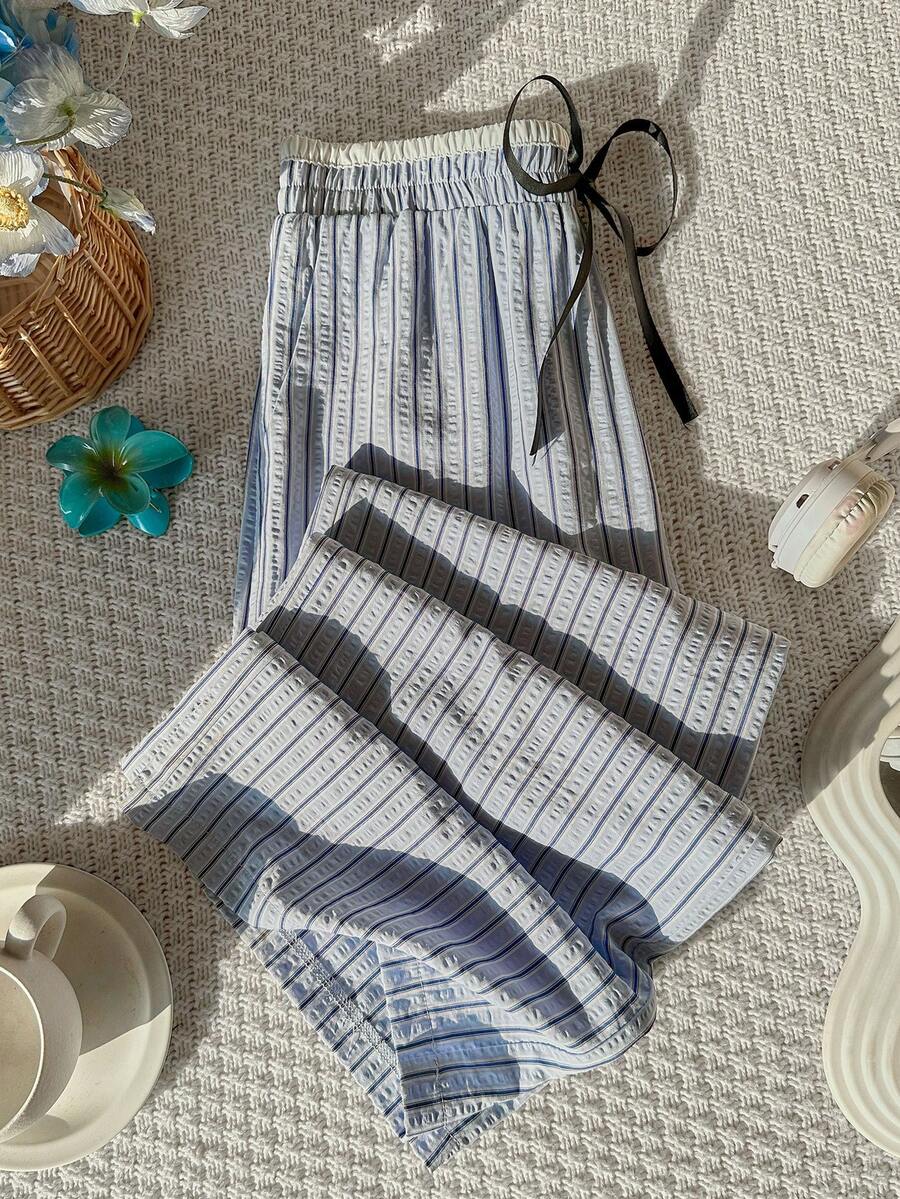 Sweetra French Casual Chic Blue Striped Straight Leg Relaxed Fit Pants, Versatile Design For Spring/Summer Commute, Stylish & - Blue - View 1