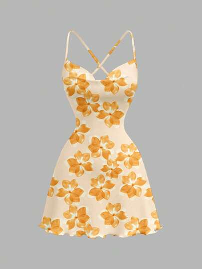 SHEIN MOD Casual Floral Print Draped Neck Sleeveless Mini Dress, Suitable For Spring/Summer Vacation Yellow Flower Dress