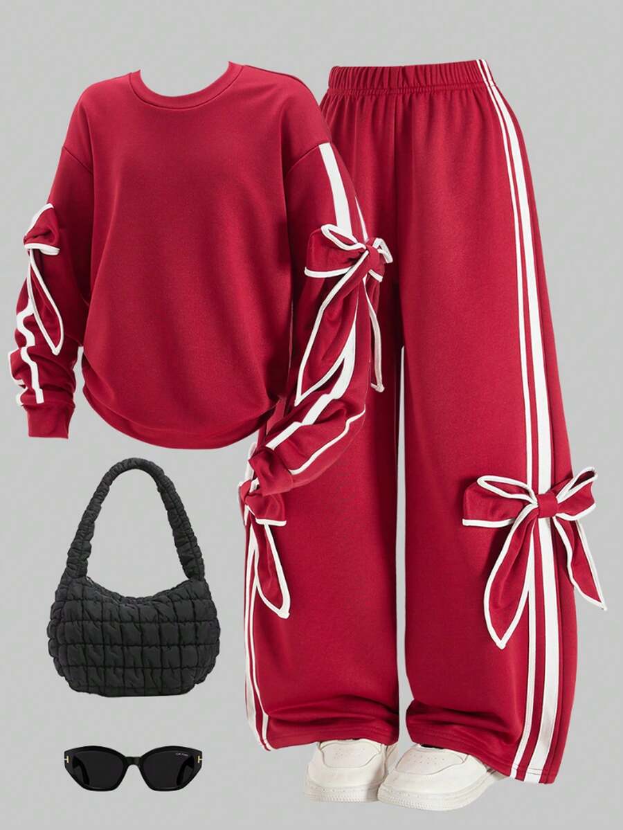 2pcs/Set Tween Girls Red And White Striped Wide Leg Pants Set,Cute School Autumn Petal Sleeve Bow Top,Loose Casual Stylish Colorblock Gathering Outfit - Burgundy - View 1