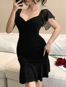 DAZY Women's Pleated V-Neck Ruffle Hem Nightgown Sleepwear Dress - Black - View 3