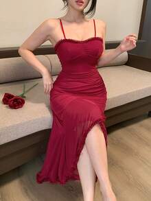 DAZY 女士无袖修身网纱睡裙，家居服 - 紅色 - 查看 7