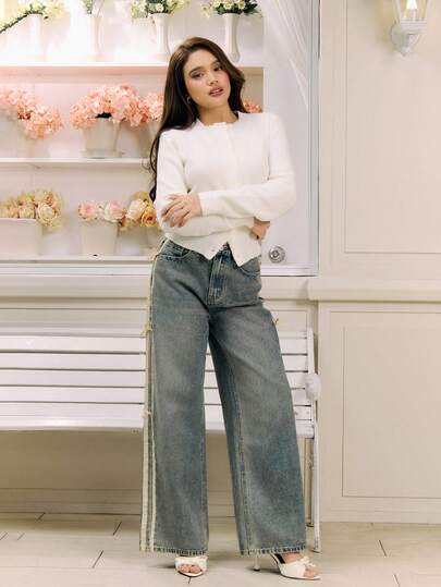 Criza Taa 休闲纯色圆领长袖宽松短款女士毛衣白色开衫，秋冬季上学上衣