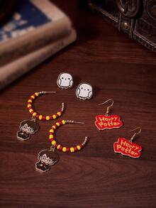 HARRY POTTER X SHEIN 1 Pair Zinc Alloy Cartoon Animal Print Pendant Beaded Hoop Earrings, Minimalist & Elegant, Suitable For Party, Concert, Festival - Gold - View 1