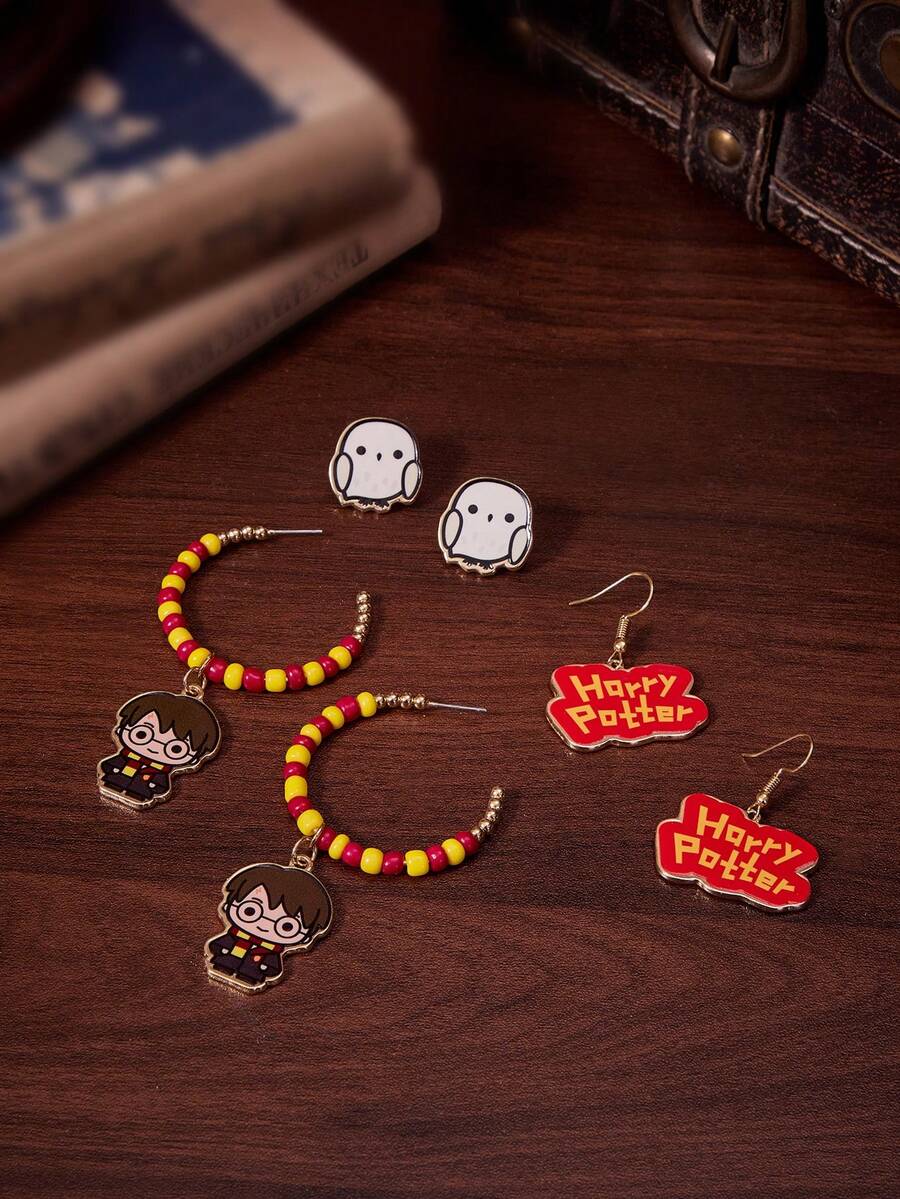 HARRY POTTER X SHEIN 1 Pair Zinc Alloy Cartoon Animal Print Pendant Beaded Hoop Earrings, Minimalist & Elegant, Suitable For Party, Concert, Festival - Gold - View 1