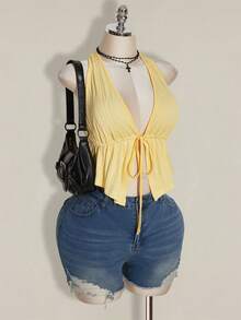 SHEIN ICON 加大码黑色露背系带蝴蝶结针织上衣，前系带蝴蝶结吊带上衣，Y2K 基本款露背上衣 - 淡黃色 - 查看 9