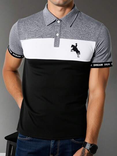 Camisa polo de manga corta informal con bloqueo de color y estampado de letras para adolescentes