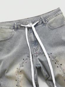 ROMWE MEN Men's Sparkling Diamond Layered Denim Jeans - Light Wash - View 4