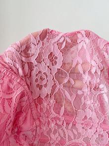 SHEIN EZwear Áo kiểu nữ cỡ lớn tay phồng, phối ren, cổ vuông, có đệm mút, kiểu dáng lãng mạn, thích hợp cho hẹn hò và tiệc tùng, mùa thu/đông. - Hồng - Xem 7