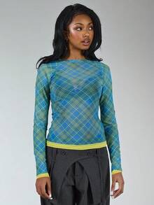 COUREZ 长袖格纹网纱上衣 / Y2K 冬季外出穿搭 性感外出穿搭 夜间外出穿搭 性感 - 淺藍色 - 查看 3