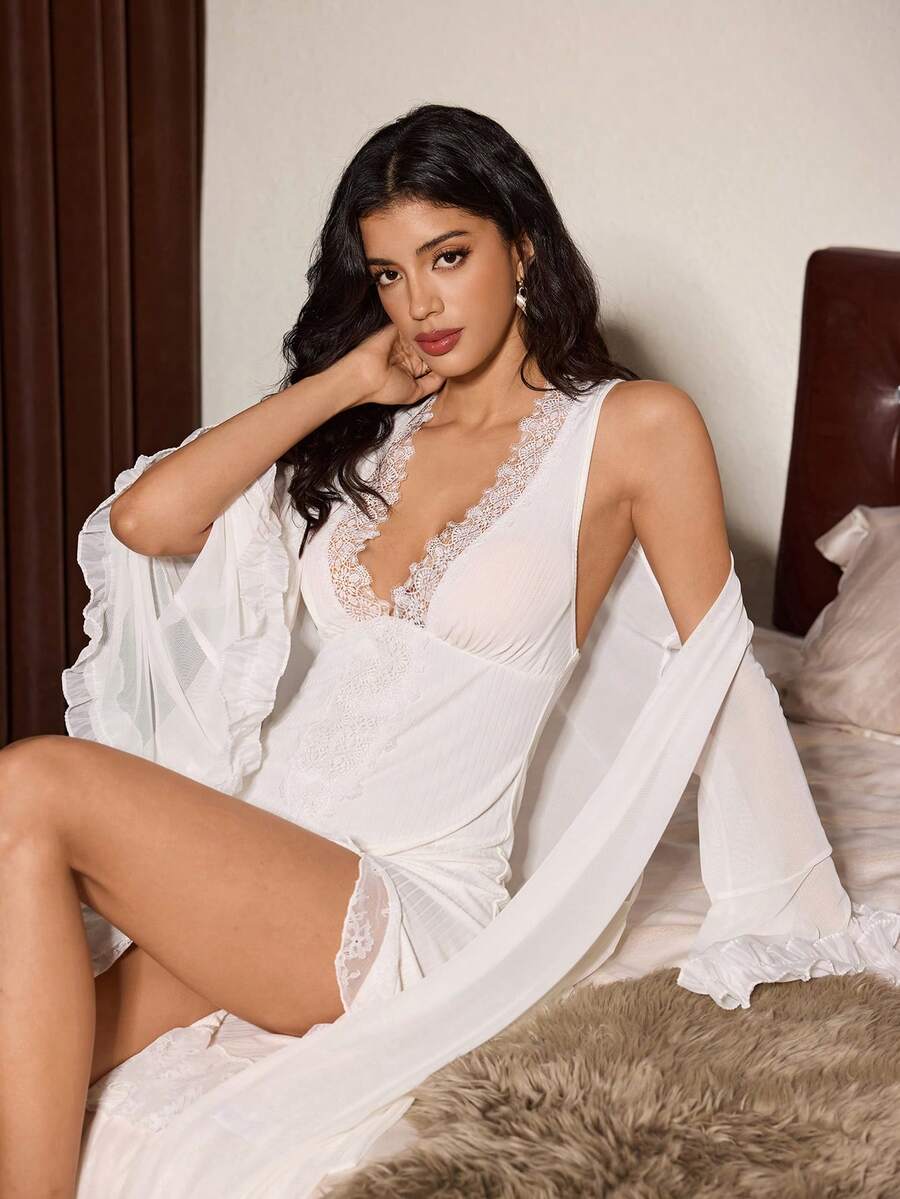 Slumberist Bộ đồ ngủ ren gợi cảm, quyến rũ dành cho nữ, kiểu dáng trưởng thành, cổ chữ V sâu, khoét rỗng, phối ren, ôm sát, hở lưng, xẻ tà, xếp nếp và áo choàng ren mỏng nhẹ, thoải mái, có dây buộc, thích hợp cho cô dâu. - trắng - Xem 1