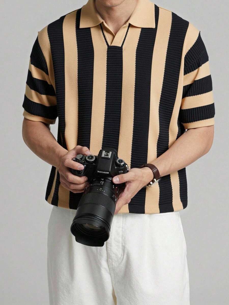 Claim Dot Men's Casual Striped Short Sleeve Knit Top - Khaki - View 1