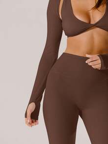 Aralina Leisurewear Crop Active Shrug With Thumb Detail And Bag - Brown - View 3