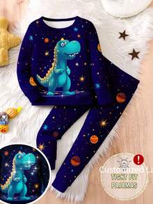 男童夜光恐龙太空印花紧身睡衣套装，包含长袖上衣和裤子，舒适弹力针织面料，圣诞主题，可与家人同款 - 寶藍色 - 查看 3