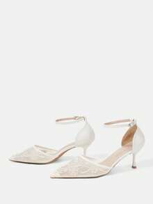CUCCOO HITCHD 女士鞋履春夏新款珍珠刺绣尖头细跟搭扣6.5cm高跟鞋优雅网面拼接纯色通勤约会婚礼伴娘鞋 - 白色G - 查看 3