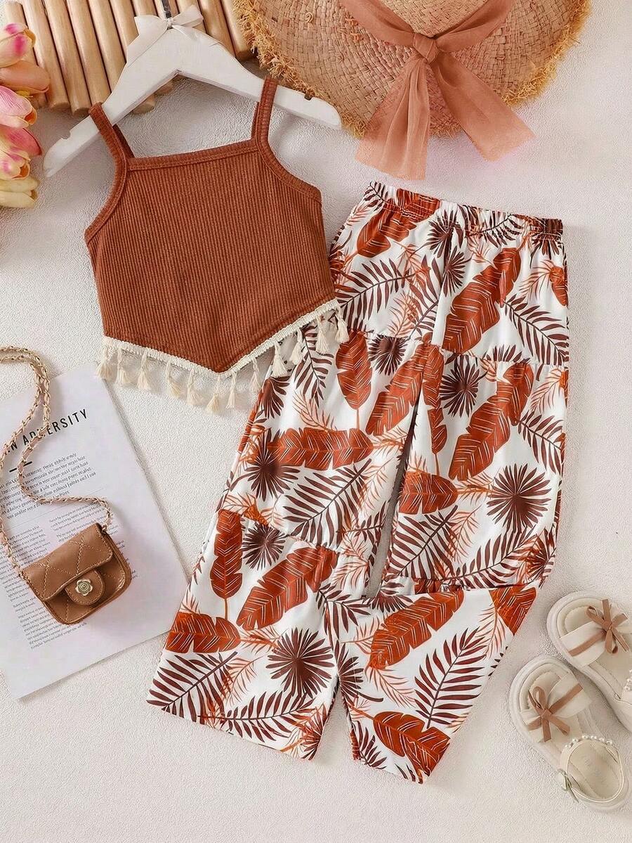 SHEIN 2pcs/Set Girls' Summer Creative 3D Embroidery Decor Camisole With Ruffle Hem And Casual Pants Set - Brown - View 1