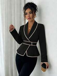 Rafferiza Camisa elegante de oficina para mujer con cuello de chal y mangas largas - Negro - Ver 5