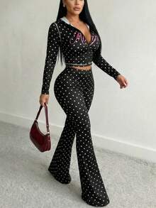 SHEIN SXY 两件套加大码波点印花连帽长袖上衣和喇叭裤套装 - 黑色 - 查看 12