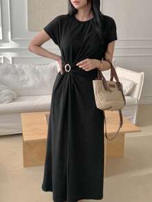 DAZY Vestido midi de algodón de unicolor con cuello redondo, manga corta y cintura ceñida para mujer, vestido de verano - Negro - Ver 5