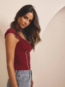 Aralina Winter / Summer Mesh Polka Dot Ruched Front Contrast Trims Cute Going Out Top - Burgundy - View 7