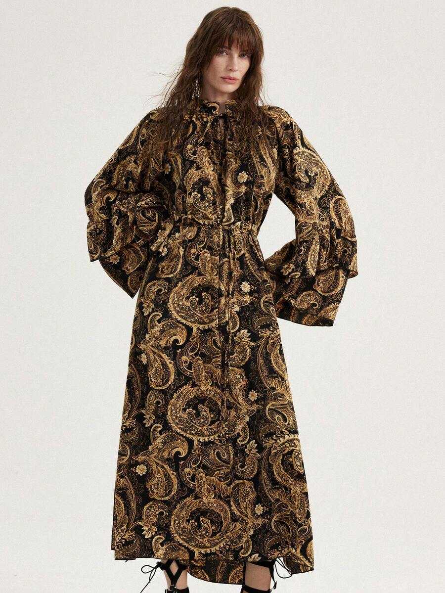 Aveloria Modichic Fashionable Boho Casual Loose Retro Black & Gold Random Cashew Flower Print Tie Neck Double Ruffle Flare Sleeve Dress With Drawstring Waist - Multicolor - View 1