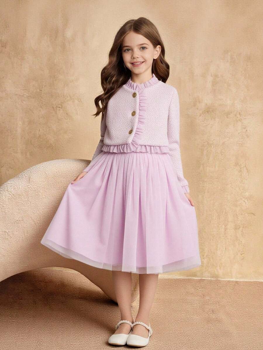 SHEIN Elladie kids 派对礼服,女童公主裙,紫色香氛外套套装,网纱连衣裙,长袖外套,生日派对,婚礼庆典,紫色网纱连衣裙,舞会礼服,优雅派对礼服 - 紫色 - 查看 1