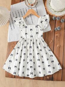 Young Girl Casual Everyday Flare Sleeve Bow Tie Back Apricot Butterfly Print Dress - Apricot - View 6
