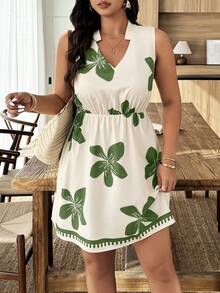 SHEIN LUNE Schwarz-Weiß bedrucktes Kleid in Große Größen - ärmelloser V-Ausschnitt, taillenbetonter A-Linie Mini, Boho-Stil für Urlaub/Lässig/Streetwear (Frühling & Sommer) - Verschiedenfarbig - Übersicht 1