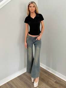 Sydney Algeri Women's Plain Collar Short Sleeve Casual Pleated T-Shirt - Black - View 1