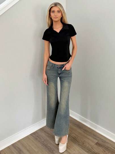 Sydney Algeri 女士纯色领短袖休闲褶皱 T 恤